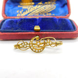 15ct Yellow Gold & Seed Pearl Shamrock & Crescent Brooch Antique c1890