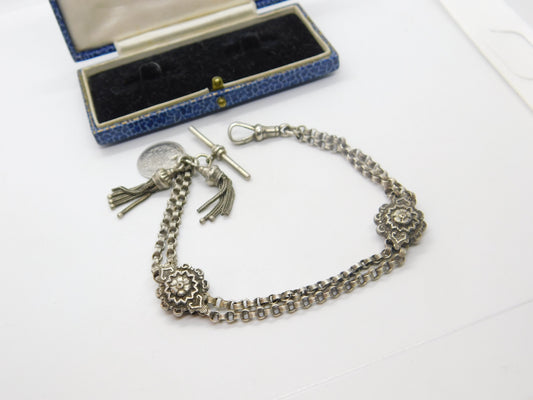 Victorian Sterling Silver Floral Albertina Bracelet with Albertina Tassels & Ottoman Coin Fob