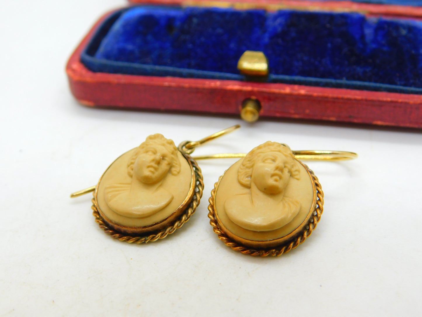 Regency Grand Tour 9ct Gold Carved Lava Female Cameo Earrings Antique c1830