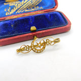 15ct Yellow Gold & Seed Pearl Shamrock & Crescent Brooch Antique c1890