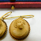 Regency Grand Tour 9ct Gold Carved Lava Female Cameo Earrings Antique c1830