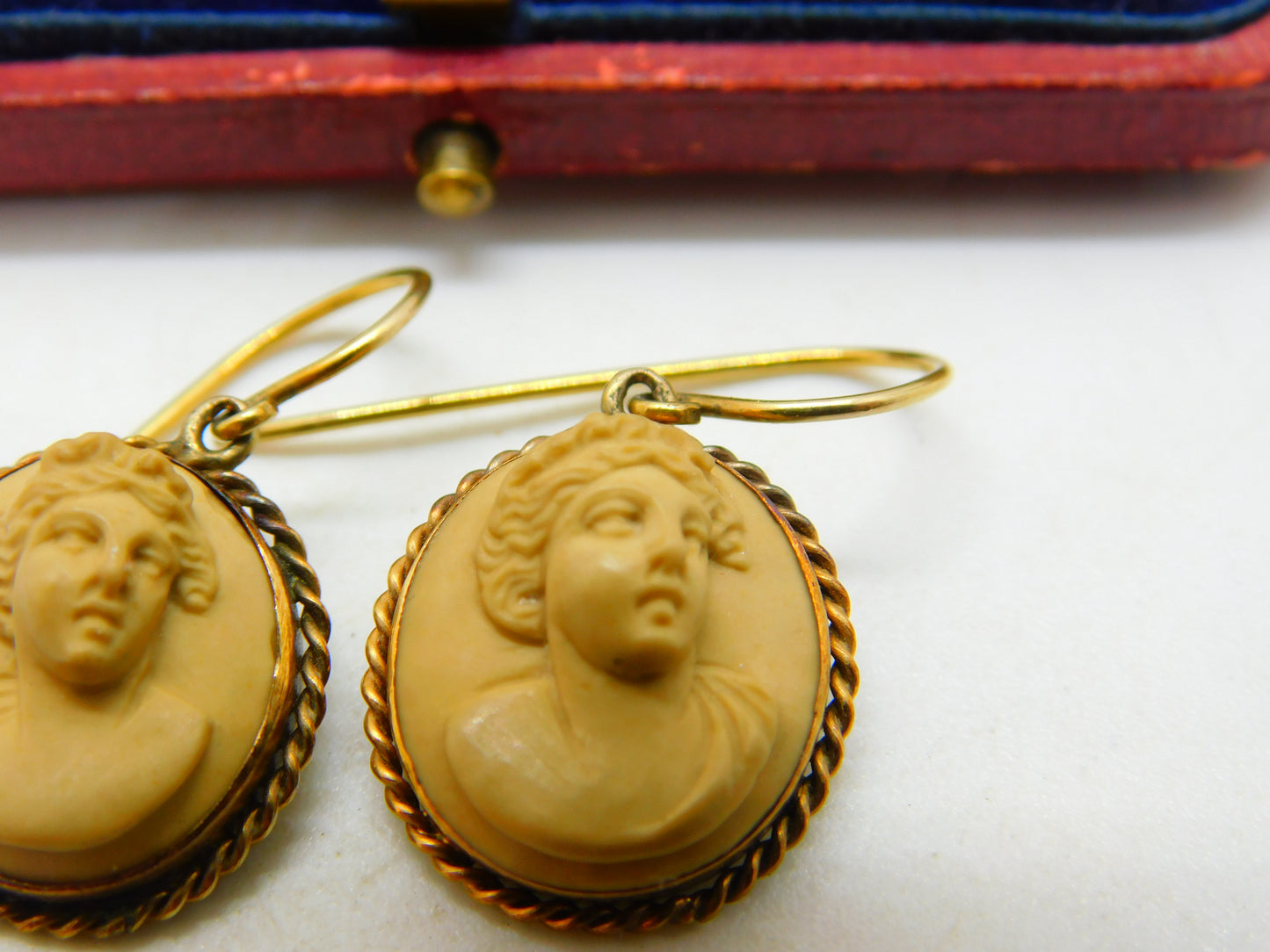 Regency Grand Tour 9ct Gold Carved Lava Female Cameo Earrings Antique c1830