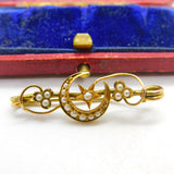 15ct Yellow Gold & Seed Pearl Shamrock & Crescent Brooch Antique c1890