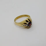 9ct Yellow Gold, Garnet & Diamond Gypsy Ring Vintage 1985 London