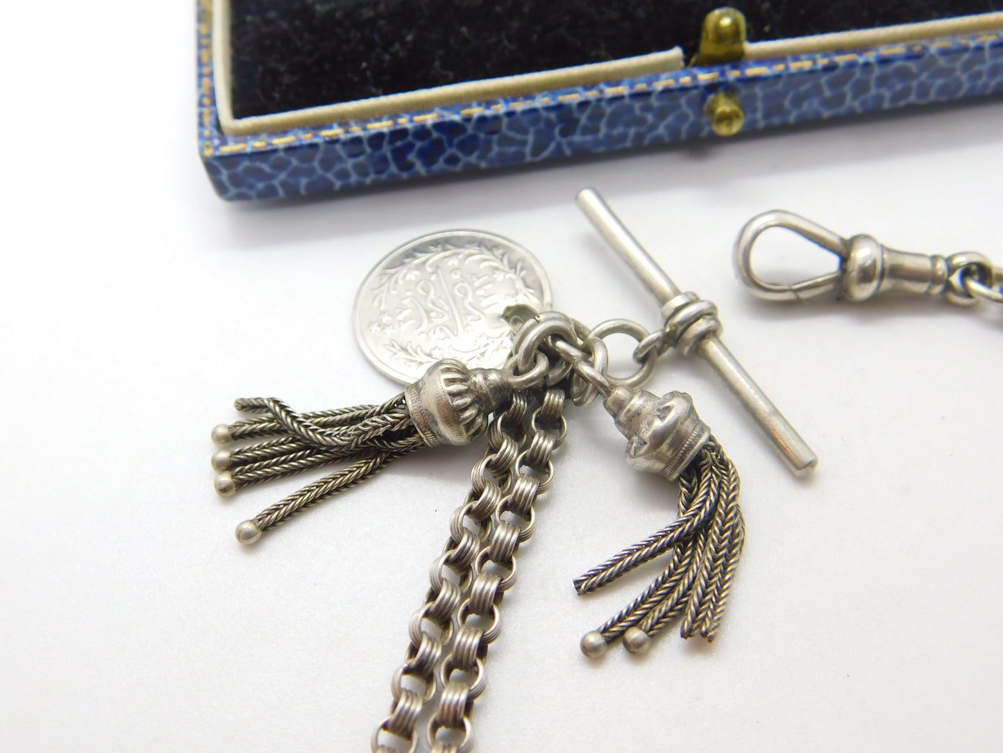 Victorian Sterling Silver Floral Albertina Bracelet with Albertina Tassels & Ottoman Coin Fob