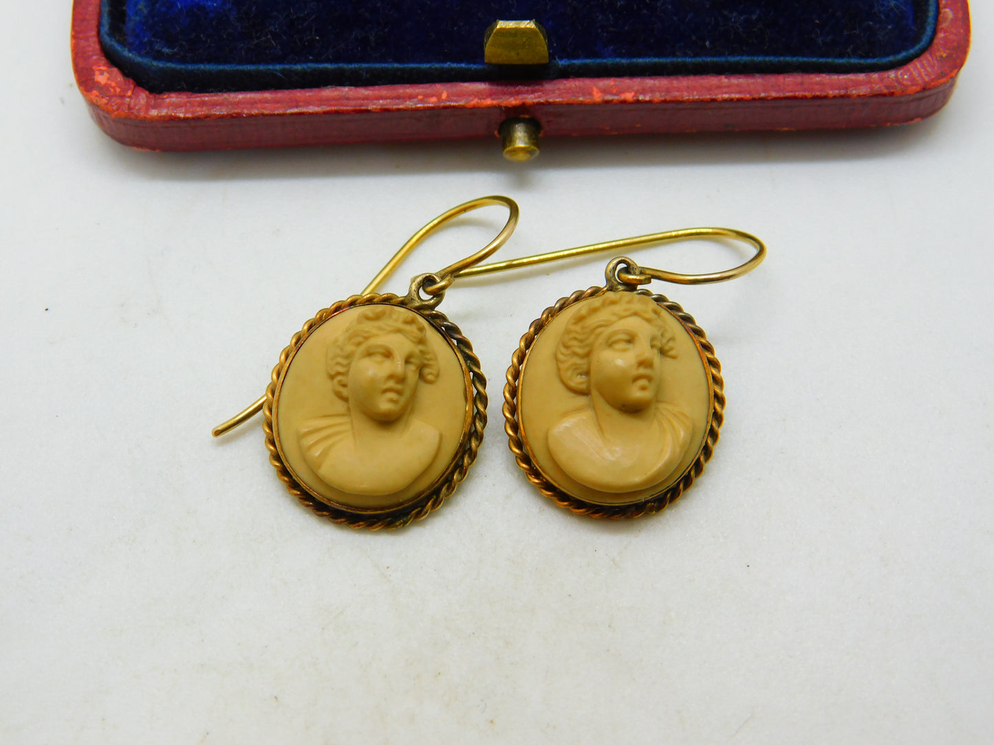 Regency Grand Tour 9ct Gold Carved Lava Female Cameo Earrings Antique c1830