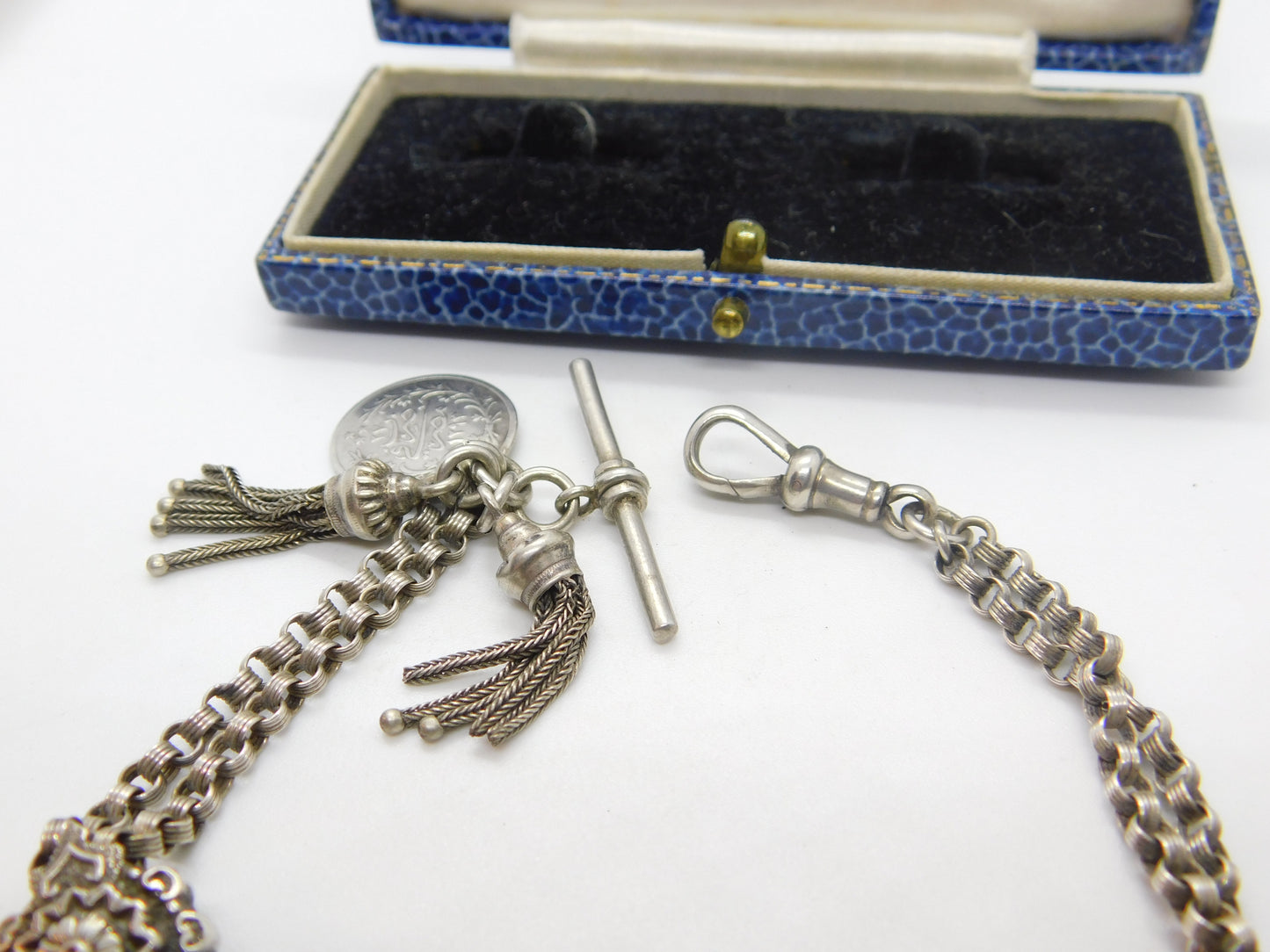 Victorian Sterling Silver Floral Albertina Bracelet with Albertina Tassels & Ottoman Coin Fob