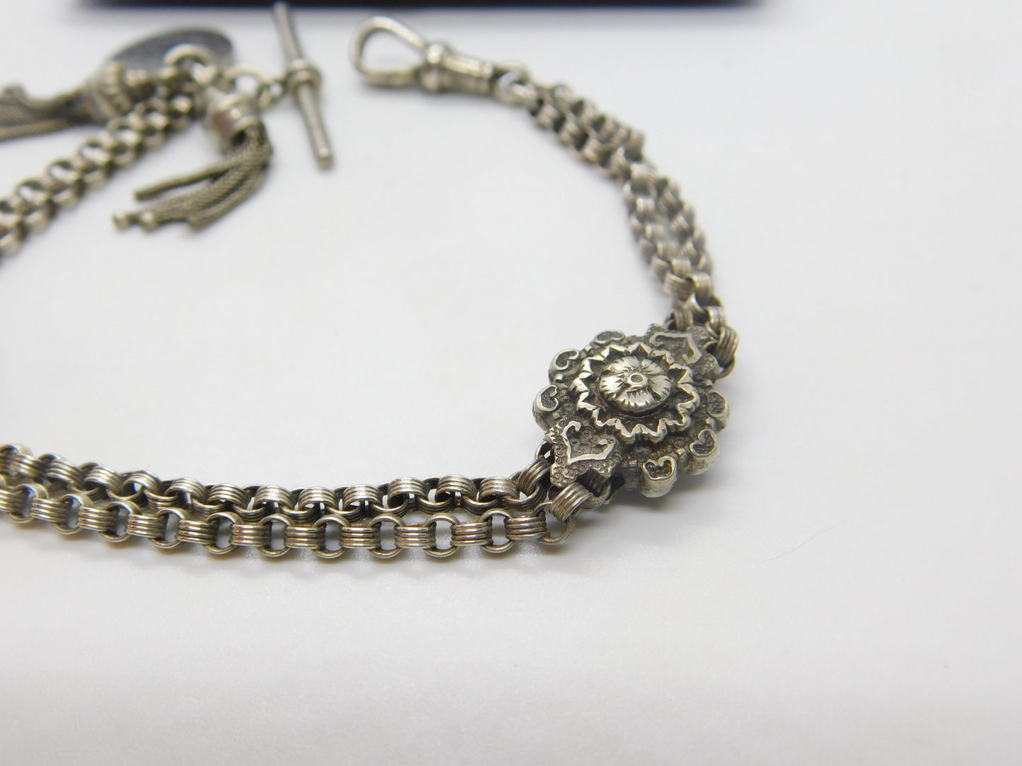 Victorian Sterling Silver Floral Albertina Bracelet with Albertina Tassels & Ottoman Coin Fob