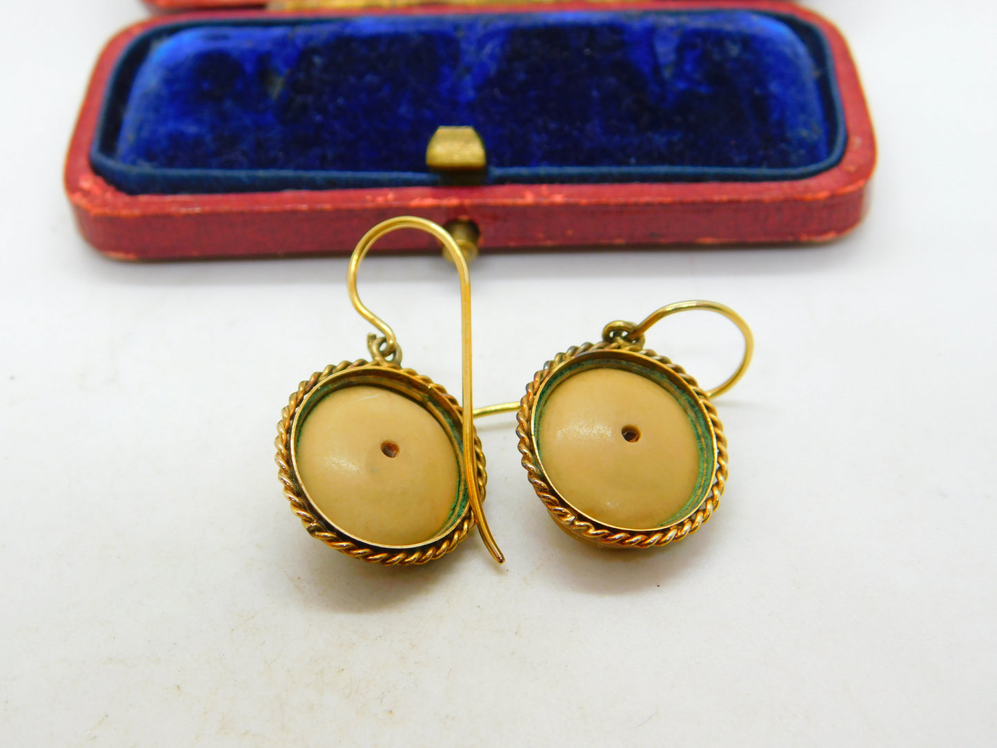 Regency Grand Tour 9ct Gold Carved Lava Female Cameo Earrings Antique c1830