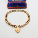 Edwardian 9ct Rose Gold Curb Charm Bracelet with Heart Lock Clasp Antique c1910