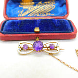Victorian Art Nouveau 18ct Gold, White Enamel & Amethyst Brooch Antique c1890