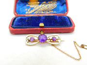 Victorian Art Nouveau 18ct Gold, White Enamel & Amethyst Brooch Antique c1890