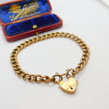 Edwardian 9ct Rose Gold Curb Charm Bracelet with Heart Lock Clasp Antique c1910