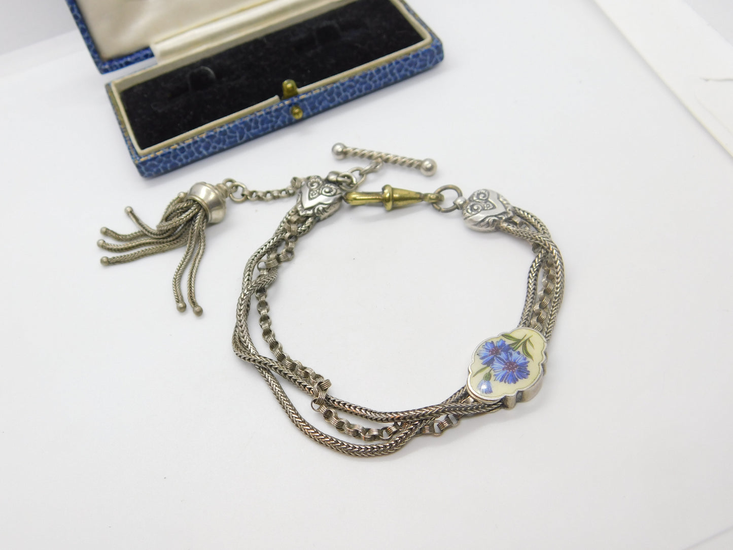 Victorian Sterling Silver & Enamel Floral Albertina Tassel Bracelet Antique c1860