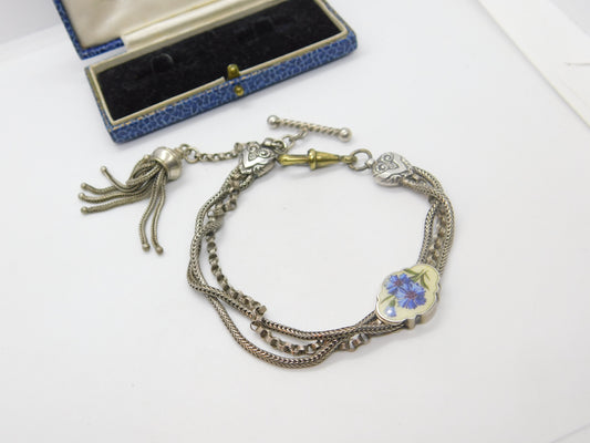 Victorian Sterling Silver & Enamel Floral Albertina Tassel Bracelet Antique c1860