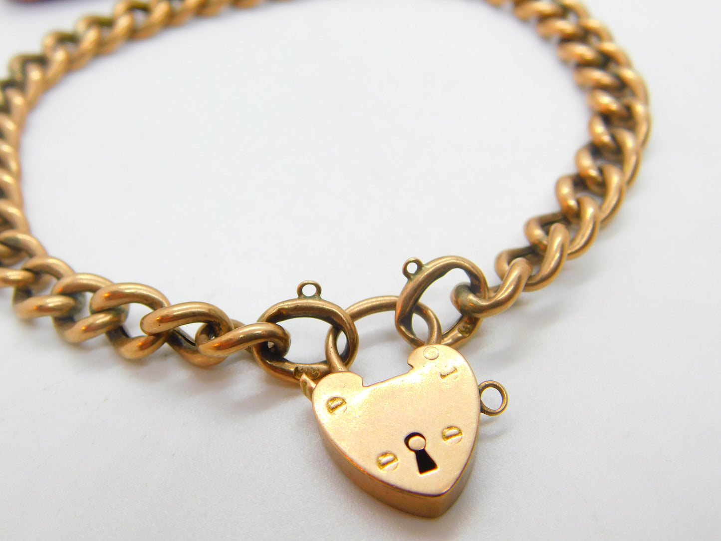 Edwardian 9ct Rose Gold Curb Charm Bracelet with Heart Lock Clasp Antique c1910