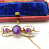 Victorian Art Nouveau 18ct Gold, White Enamel & Amethyst Brooch Antique c1890