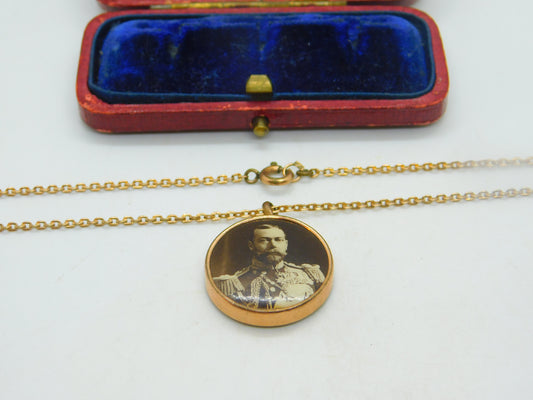 9ct Rose Gold King George V & Queen Mary Pendant On Rolled Gold Chain c1911