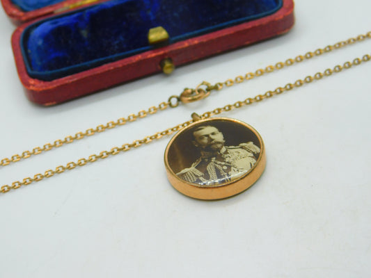 9ct Rose Gold King George V & Queen Mary Pendant On Rolled Gold Chain c1911