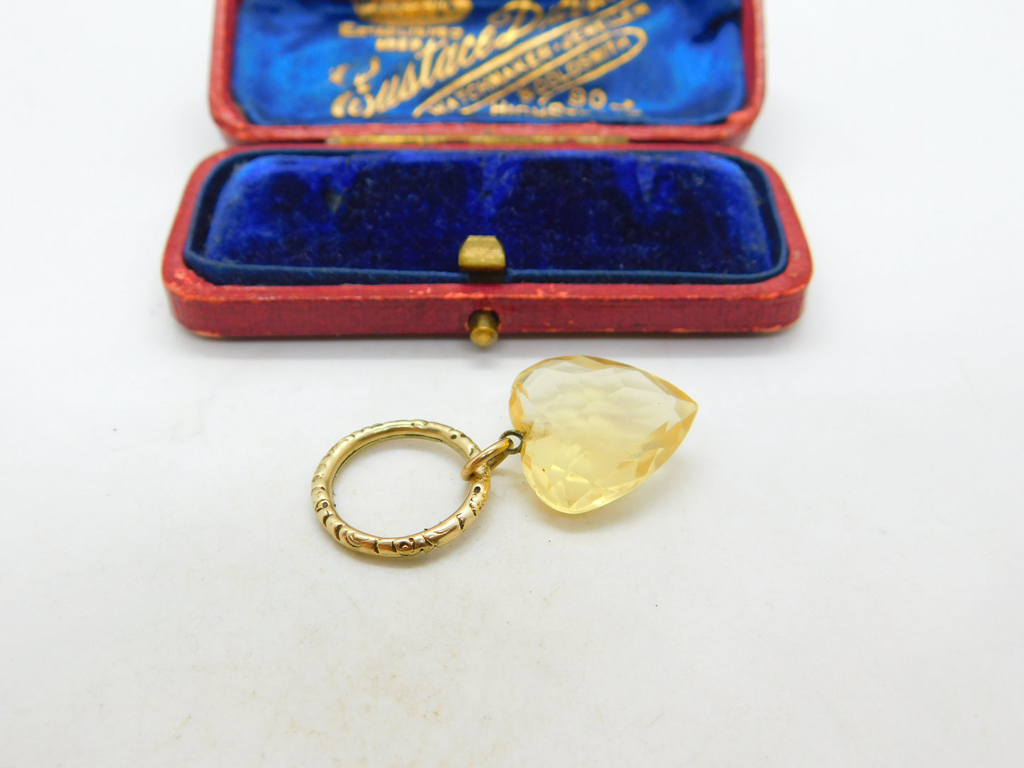 Victorian 15ct Gold Split Ring With 9ct Faceted Citrine Heart Charm Antique 1860