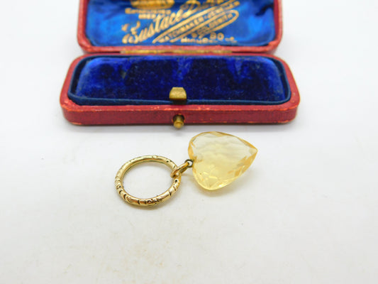 Victorian 15ct Gold Split Ring With 9ct Faceted Citrine Heart Charm Antique 1860