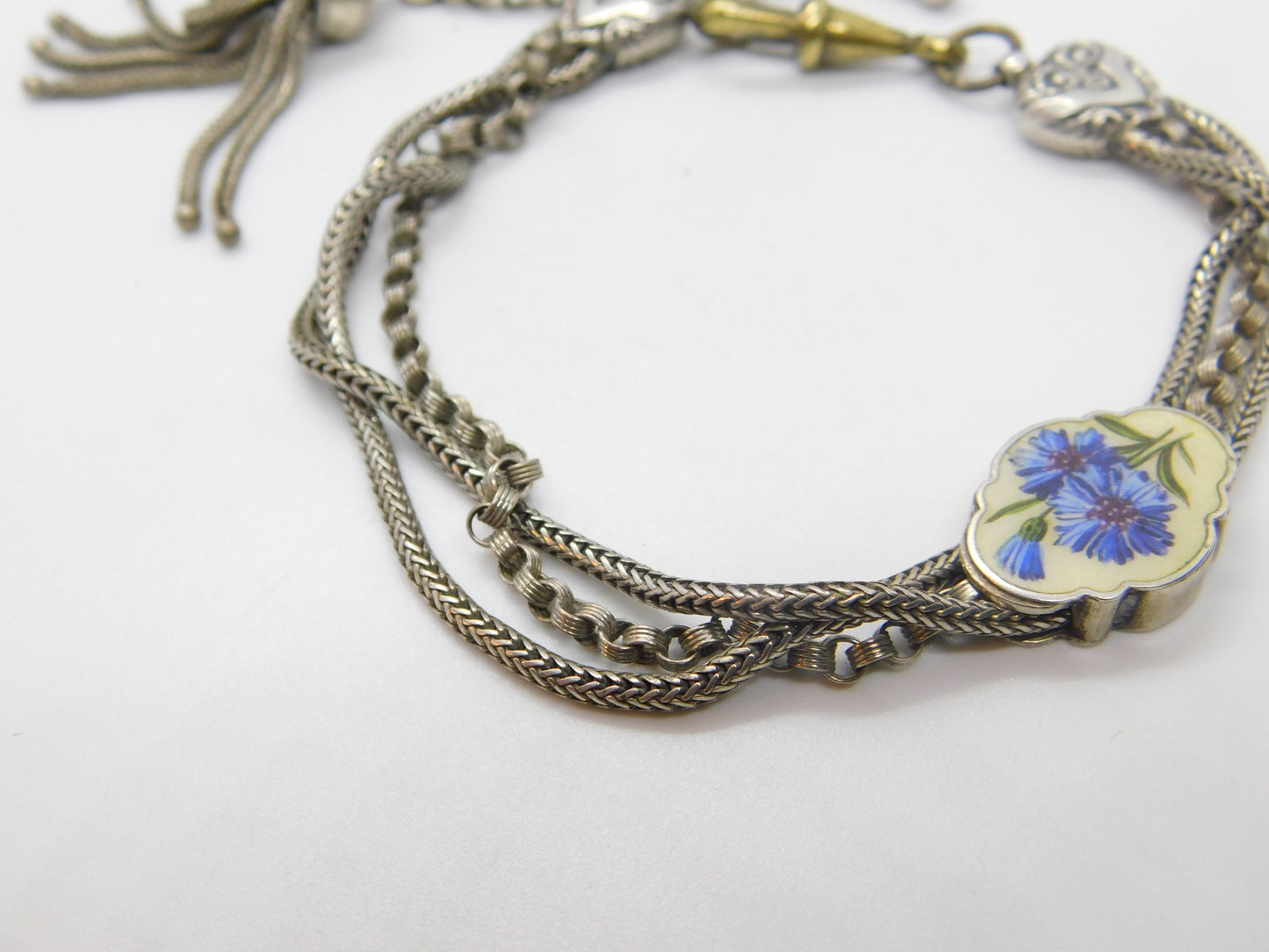 Victorian Sterling Silver & Enamel Floral Albertina Tassel Bracelet Antique c1860