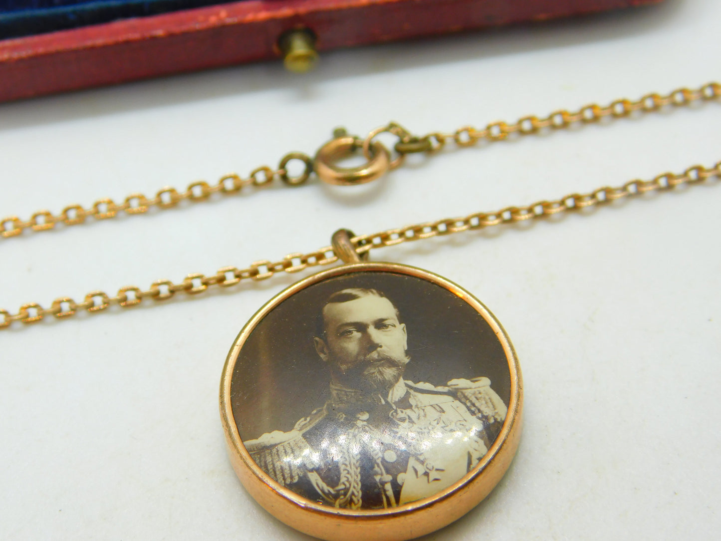 9ct Rose Gold King George V & Queen Mary Pendant On Rolled Gold Chain c1911