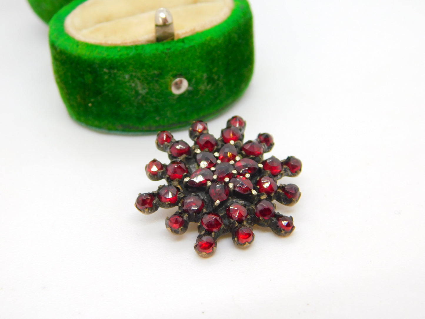 19th Century Austrian 8ct Gold & Bohemian Garnet Snowflake Brooch Antique c1860