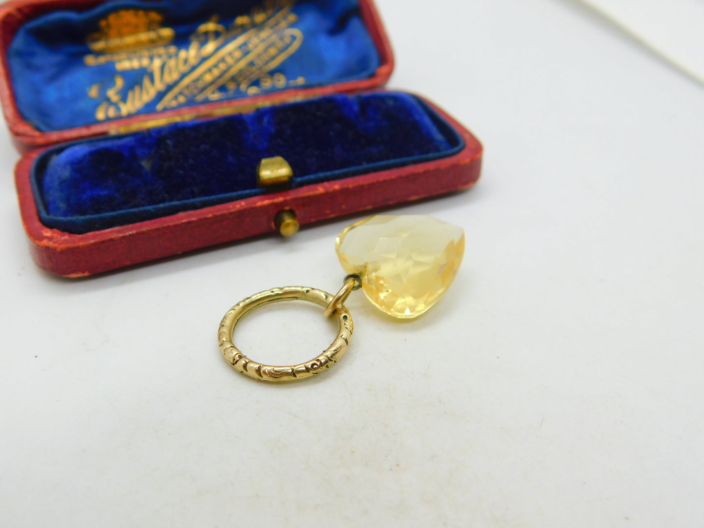 Victorian 15ct Gold Split Ring With 9ct Faceted Citrine Heart Charm Antique 1860