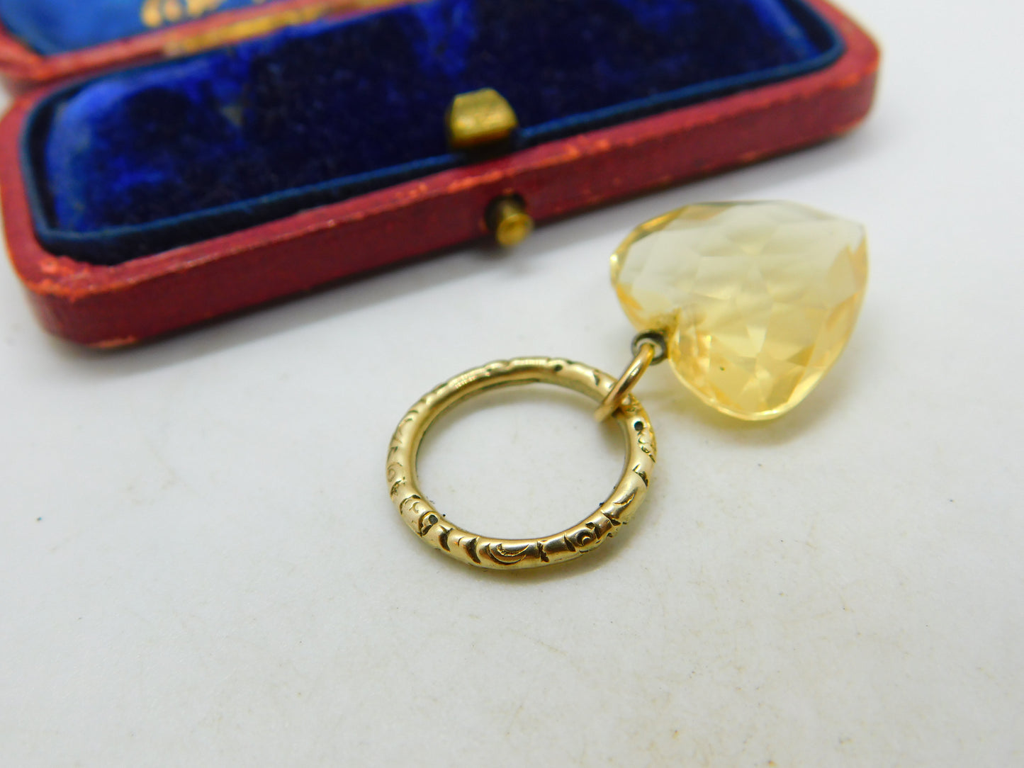 Victorian 15ct Gold Split Ring With 9ct Faceted Citrine Heart Charm Antique 1860