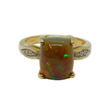 9ct Yellow Gold, Cabochon Boulder Opal & Diamond Dress Ring Vintage c1970