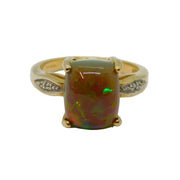 9ct Yellow Gold, Cabochon Boulder Opal & Diamond Dress Ring Vintage c1970