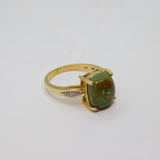 9ct Yellow Gold, Cabochon Boulder Opal & Diamond Dress Ring Vintage c1970