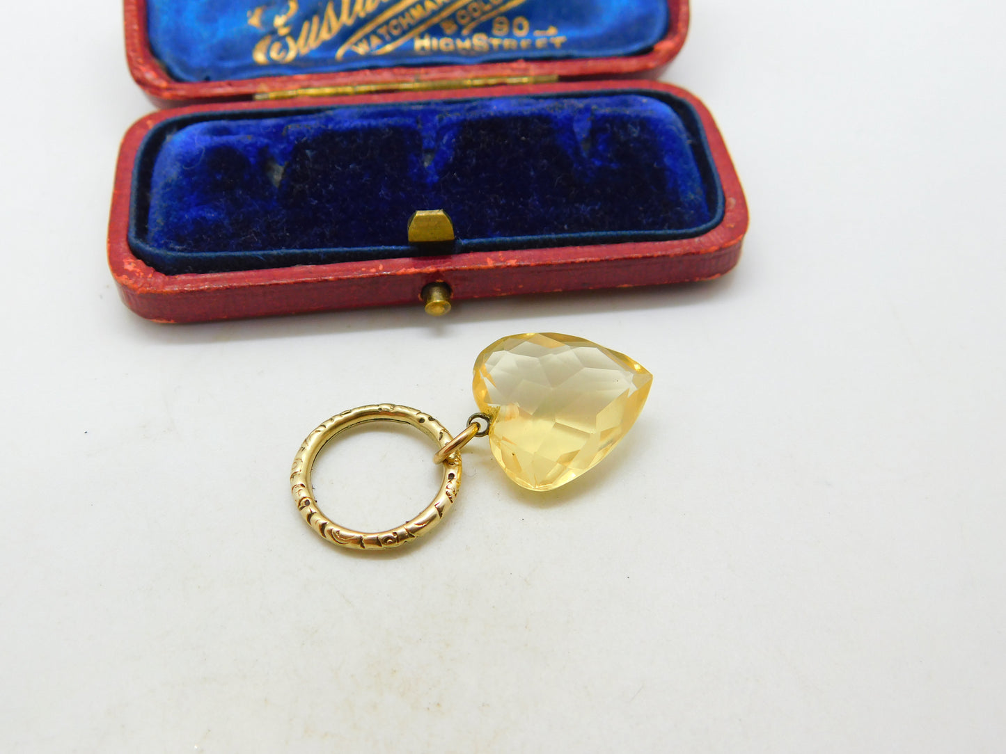 Victorian 15ct Gold Split Ring With 9ct Faceted Citrine Heart Charm Antique 1860