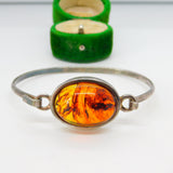 Studio Sterling Silver Cabochon Baltic Amber Bangle Bracelet Vintage c1980