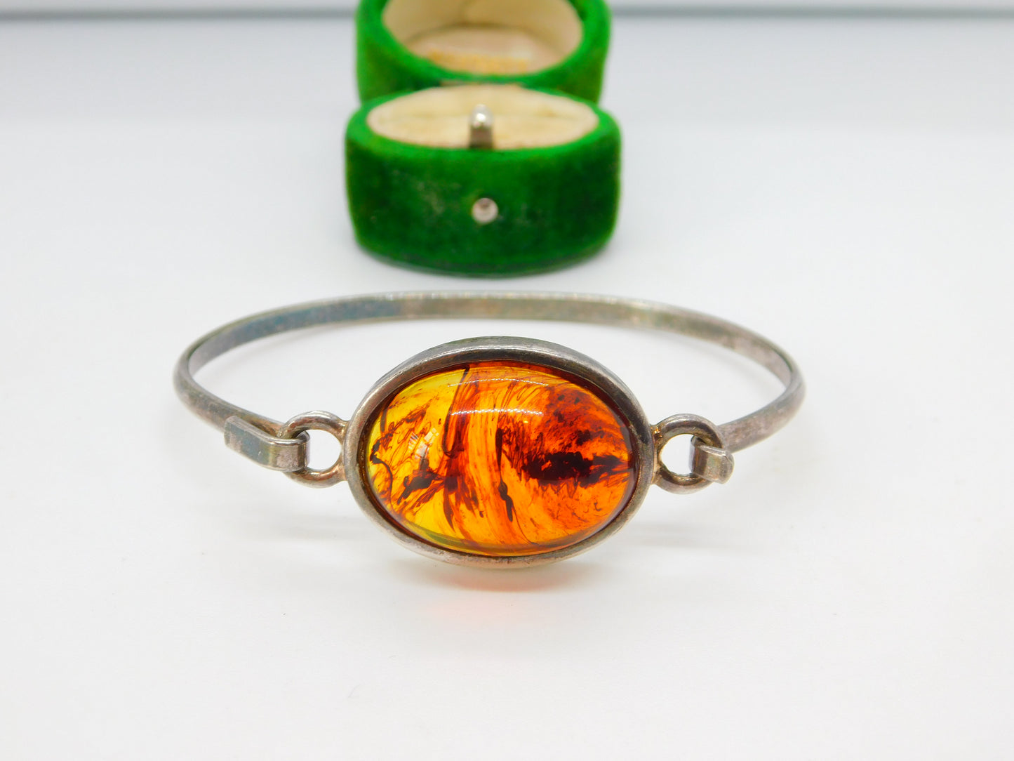 Studio Sterling Silver Cabochon Baltic Amber Bangle Bracelet Vintage c1980