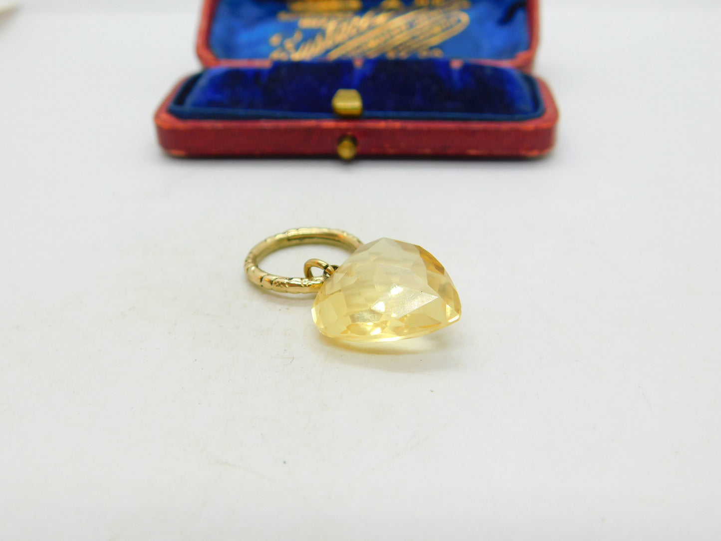 Victorian 15ct Gold Split Ring With 9ct Faceted Citrine Heart Charm Antique 1860