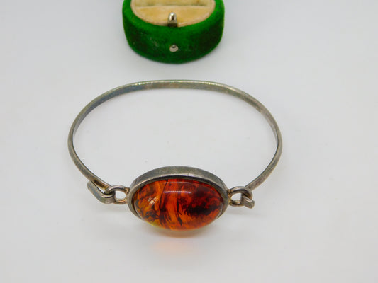 Studio Sterling Silver Cabochon Baltic Amber Bangle Bracelet Vintage c1980