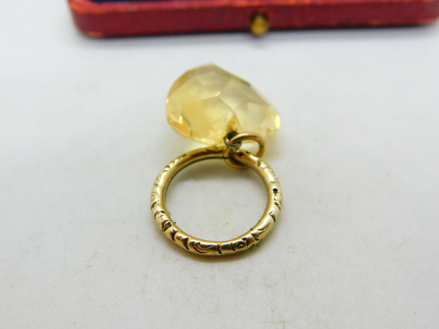 Victorian 15ct Gold Split Ring With 9ct Faceted Citrine Heart Charm Antique 1860