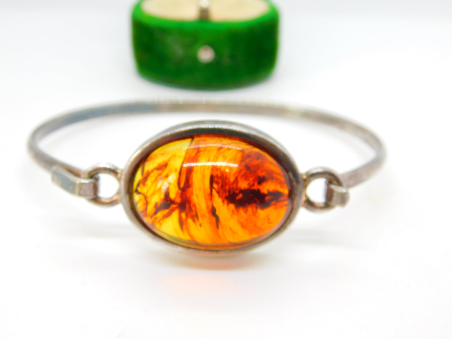 Studio Sterling Silver Cabochon Baltic Amber Bangle Bracelet Vintage c1980