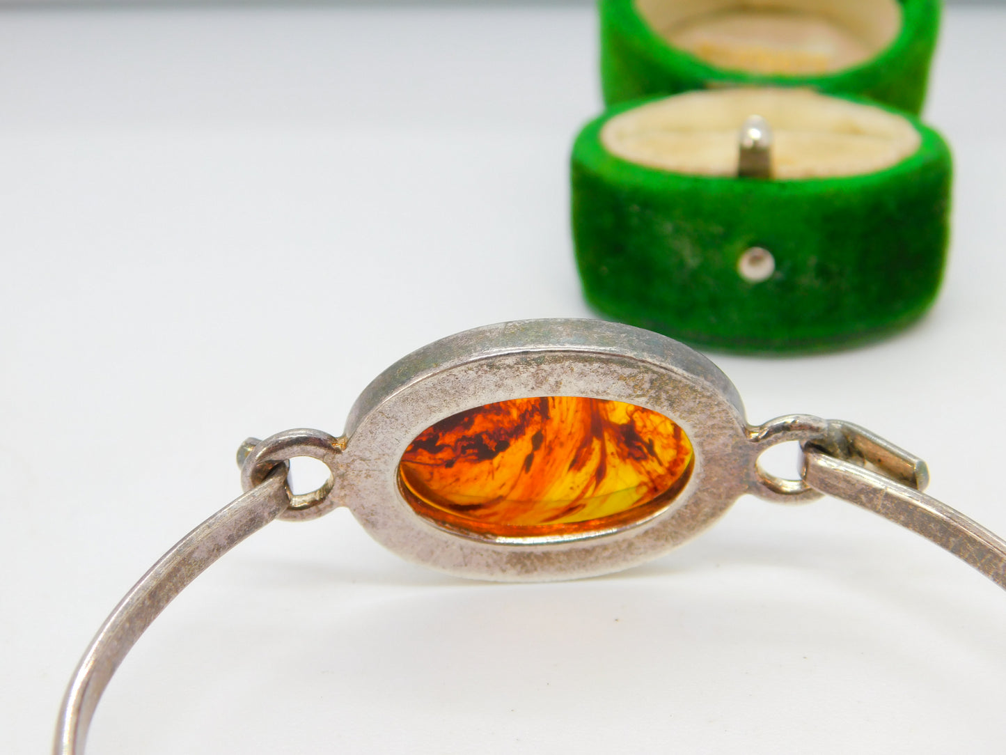 Studio Sterling Silver Cabochon Baltic Amber Bangle Bracelet Vintage c1980