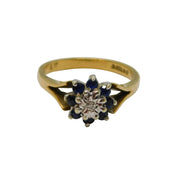 9ct Yellow Gold 8 Sapphire & Diamond Cluster Ring Vintage 1973 London