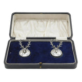 Edwardian Boxed Pair of Sterling Silver Stag Form Menu Holders Antique