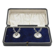 Edwardian Boxed Pair of Sterling Silver Stag Form Menu Holders Antique