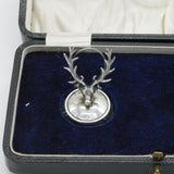 Edwardian Boxed Pair of Sterling Silver Stag Form Menu Holders Antique
