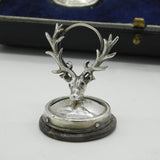 Edwardian Boxed Pair of Sterling Silver Stag Form Menu Holders Antique