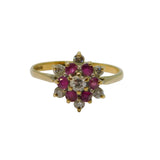 9ct Yellow Gold 6 Ruby & 7 Diamond Cluster Ring Vintage 1987 Birmingham