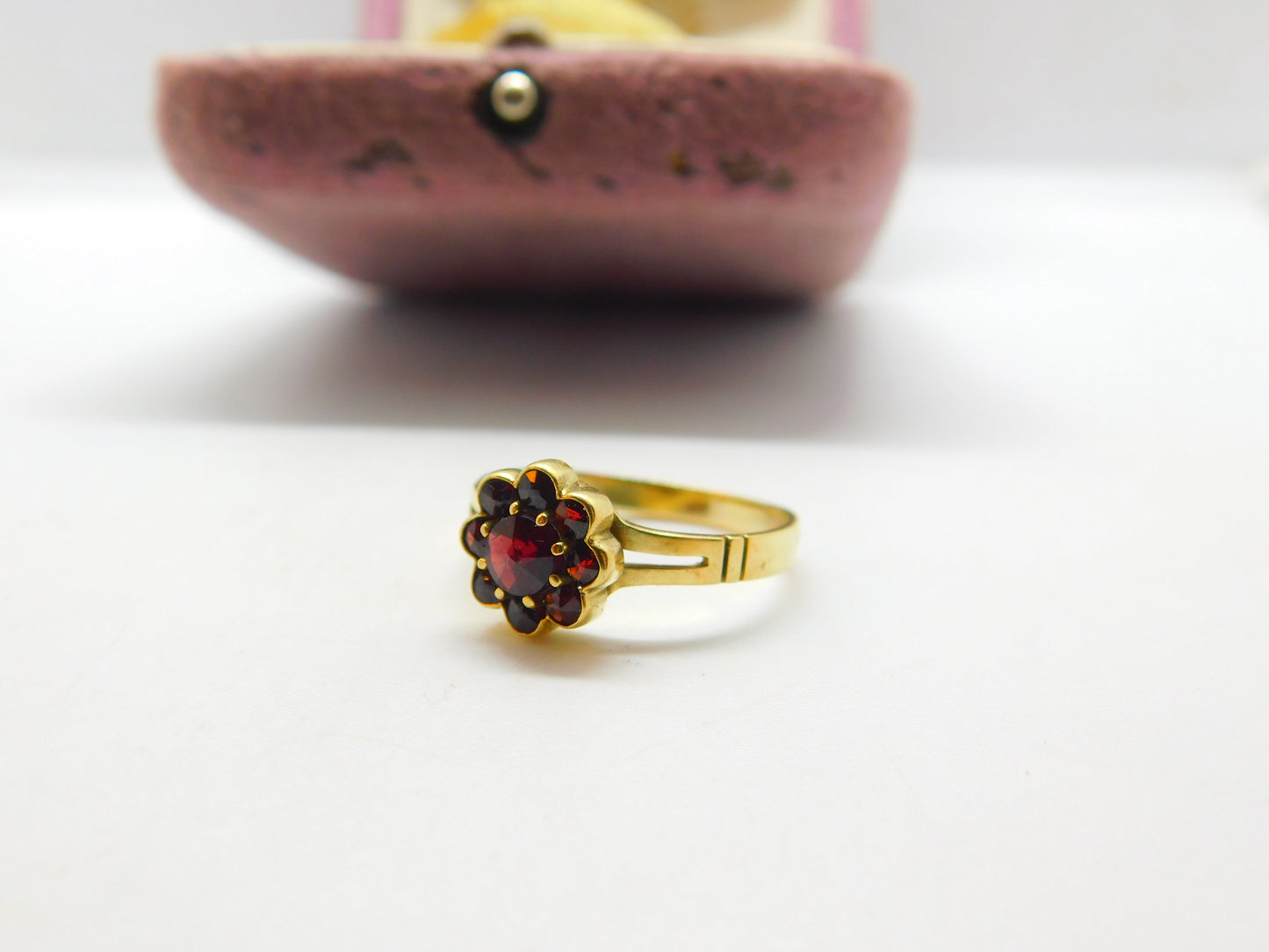 Austrian 14ct Yellow Gold & Bohemian Garnet Cluster Ring Antique c1940 Deco