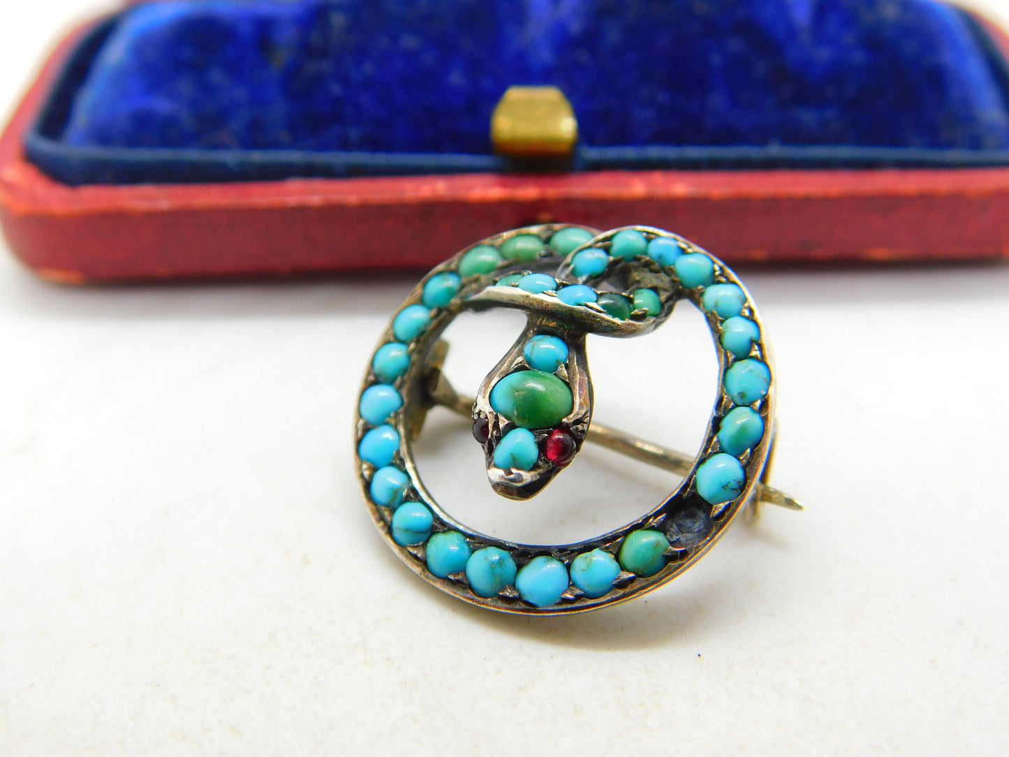 German .800 Silver & Pave Set Turquoise Coiled Snake Brooch Antique c1920 Deco