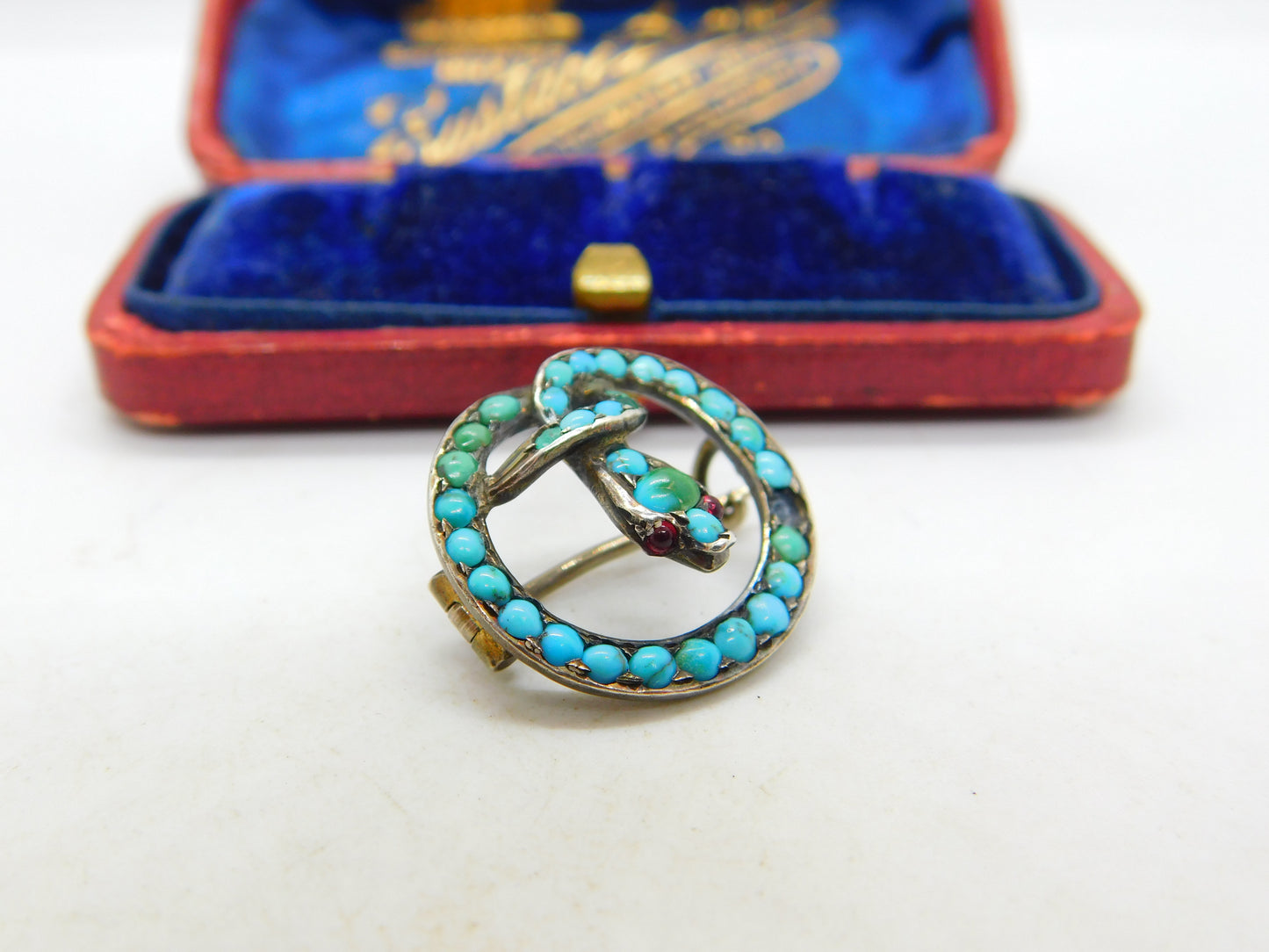 German .800 Silver & Pave Set Turquoise Coiled Snake Brooch Antique c1920 Deco